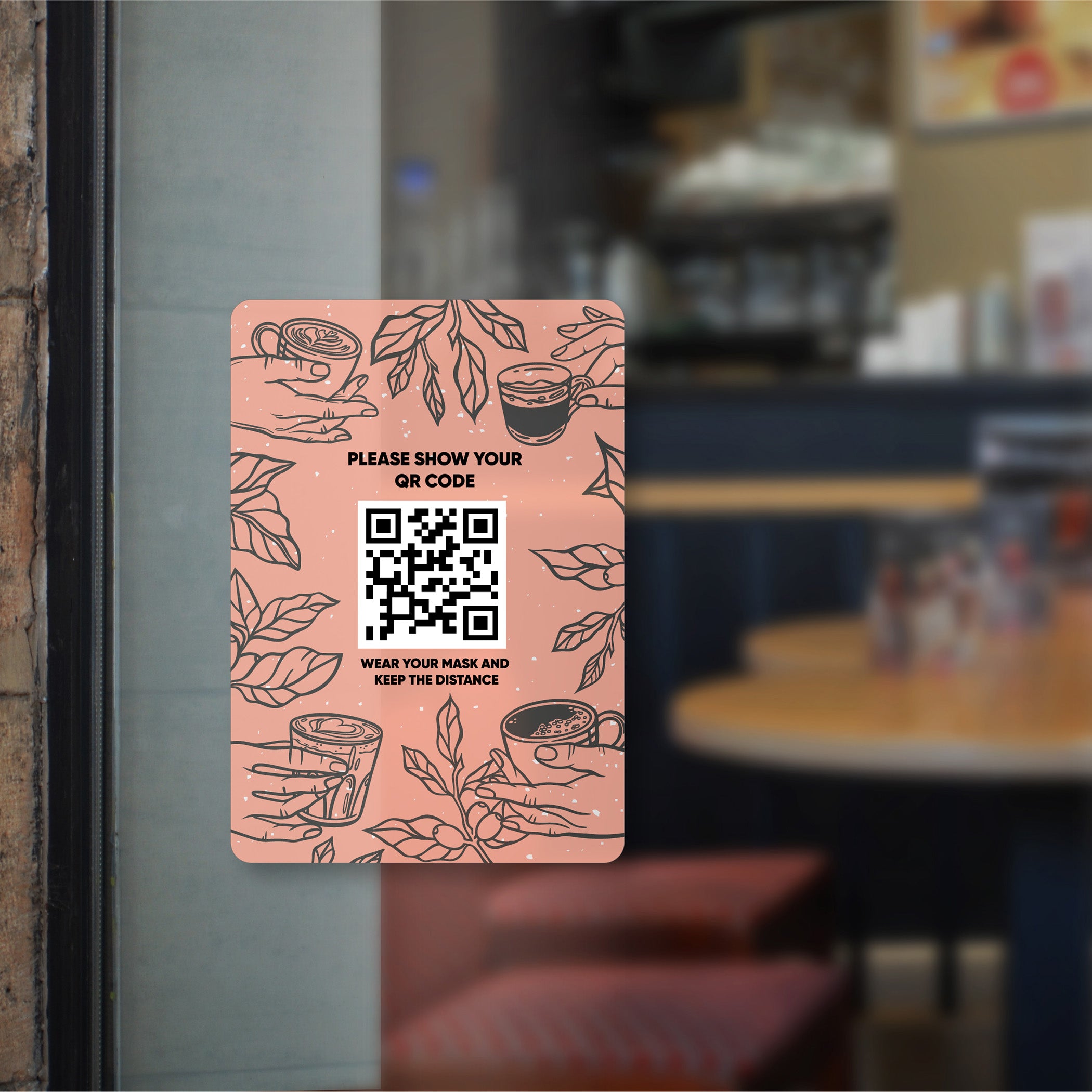 Social distancing QR code sticker at a coffee shop window