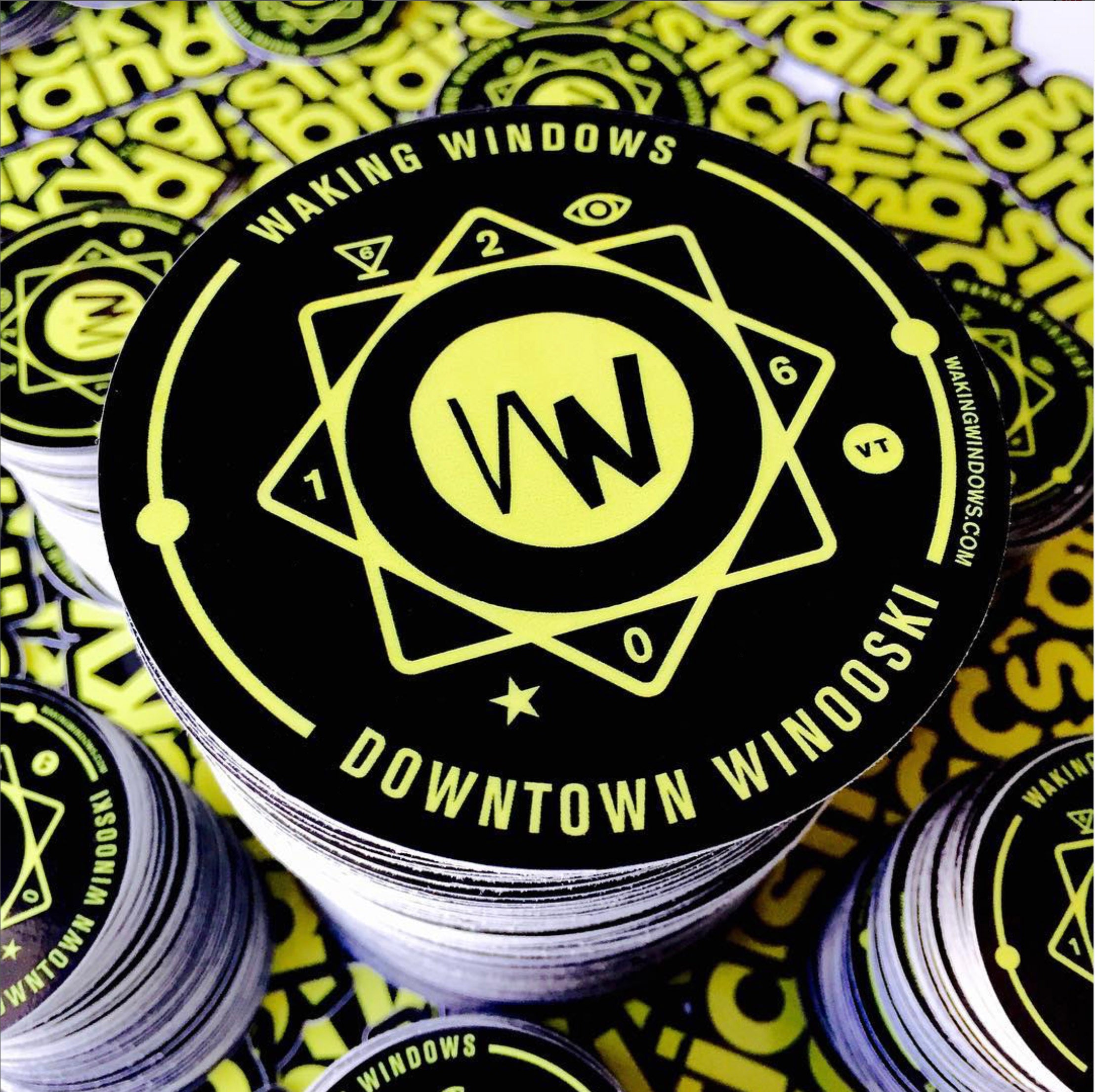Waking Windows in Downtown Winooski custom band event sticker