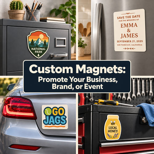 'Four-panel collage of national park, wedding, sports, and local honey magnets on a filing cabinet, refrigerator, car, and tool chest. Title reads: Custom Magnets: Promote Your Business, Brand, or Event.'