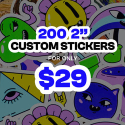 Promotional graphic featuring a collage of colorful cartoon-style vinyl stickers in green, purple, yellow, blue, and teal with white borders, including smiling faces, abstract characters, and playful expressions. Overlaid bold text reads 200 2 inch custom stickers for only $29, with the price shown prominently in blue and white.