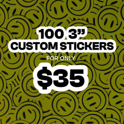 Promotional graphic featuring a repeating background of green smiley face stickers with black outlines. Overlaid bold white and black text reads 100 3 inch custom stickers for only $35, with the price displayed prominently at the center.