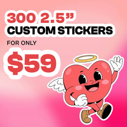 Promotional graphic on a pink gradient background advertising 300 2.5 inch custom stickers for only $59. Bold red and black text highlights the quantity, size, and price. An illustrated red heart character with a smiling face, angel wings, a halo, and brown shoes appears on the right side, waving cheerfully.