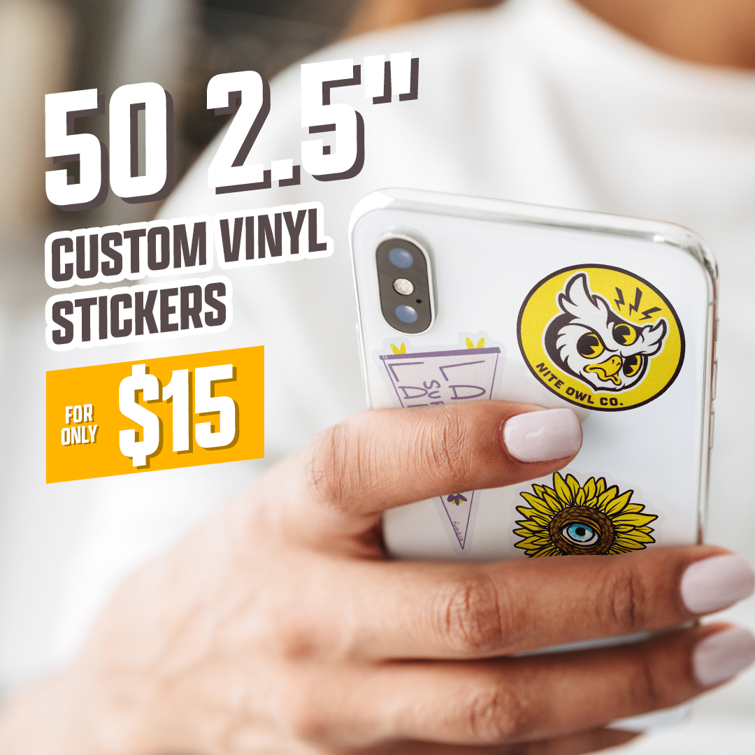 50 2.5" Custom Vinyl Stickers for $15 hand with white fingernails holding cell phone with stickers owl sunflower ladies supporting ladies emppowerment pine cone blue eye yellow brown white shirt gold banner purple pormotional goods brand decals