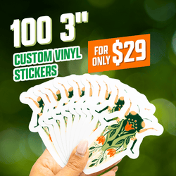Promotional image for 100 3-inch custom vinyl stickers showing a hand holding a fan of multiple identical floral bug stickers with green stems and orange flowers. Text reads 100 3-inch Custom Vinyl Stickers for only $29.