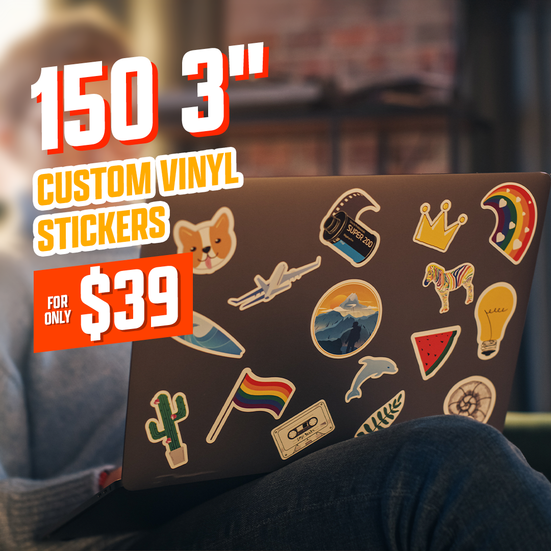 150 3" Custom Vinyl Stickers for $39 Laptop with custom promo and art decals cactus rainbow watermelon lightbulb dolphin nautilus shell super 200 film 727 airplain shiba inu dog 3 point crown pride zebra explorer circle sticker fern casette tep retro sweater Brik wall denim red yellow white must color