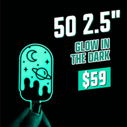 Promotional graphic for 50 glow in the dark 2.5-inch stickers for 59 dollars. A hand holds a glowing teal popsicle-shaped sticker with moon, stars, and planet graphics. Large text on the image reads 50 2.5-inch glow in the dark for 59 dollars.