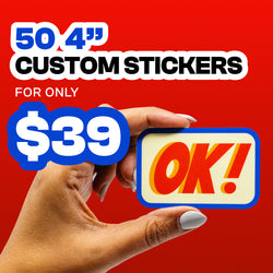 Promotional image advertising 50 4 inch custom stickers for 39 dollars. A hand holds a rectangular sticker with rounded corners featuring bold OK text in red and yellow on a cream background with a blue border. Bright red backdrop with large high contrast pricing and product text.