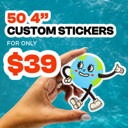 Hand holding a die cut custom vinyl sticker shaped like a smiling cartoon Earth with arms and legs, set against a bright blue water background. Promotional text reads 50 4 inch custom stickers for only 39 dollars, highlighting a bulk sticker deal with bold white and red orange lettering