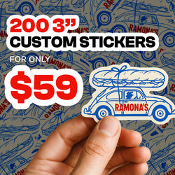 Promotional graphic showing a hand holding a small illustrated sandwich car sticker with the text RAMONAS across the side. Background is filled with a repeated blue and red sandwich car pattern. Text displayed reads 200 3 inch Custom Stickers for only 59 dollars.