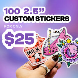 Hand holding a small group of colorful die cut custom vinyl stickers including a pink milk carton with strawberries and text that reads milk, a watermelon drink slice, and a cute floral character design against a soft purple gradient background. Promotional text reads 100 2.5 inch custom stickers for only 25 dollars
