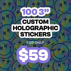 Background filled with round holographic custom stickers featuring smiley face graphics with lightning bolt eyes and iridescent rainbow reflections. Overlaid promotional text reads 100 3 inch custom holographic stickers for only 59 dollars in bold black and purple lettering