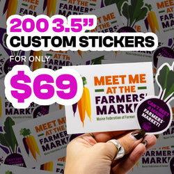 Hand holding a Meet Me at the Farmers Market sticker featuring colorful carrots and green text. Background filled with repeated stickers including round purple ones reading Can't Beet a Maine Farmers Market. On-image text 200 3.5 inch custom stickers and 69. Keywords: farmers market stickers, vegetable decals, food market vinyl labels.