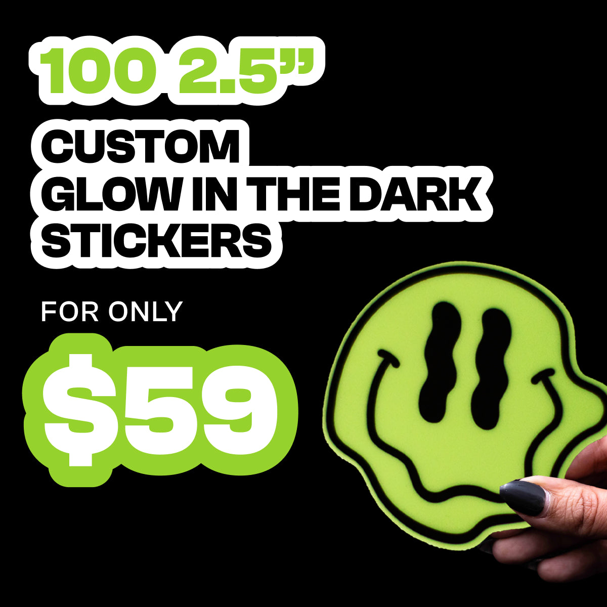 100 2.5" Glow in the dark stickers for only $59 smiling face green sticker in hand photoluminescent light safety
