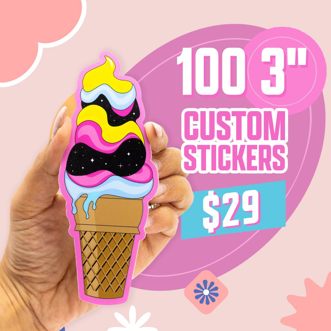 100 3" Custom Vinyl Stickers for $29 Cosmic Ice Cream Cone Galaxy Pink Blue Yellow Retro Waffle Hand