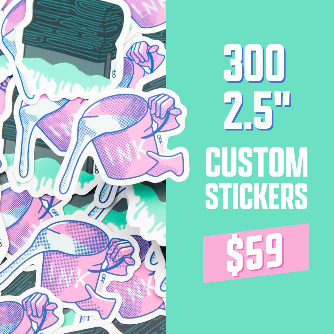 300 2.5" Custom Vinyl Stickers $59 Bucket Ink Halftone Aqua Pink Hand Deal Squeegee Teal