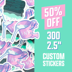 A bright promotional graphic split between a teal right panel and a left collage of pink, blue, and white stickers showing a hand pouring ink from a pail labeled INK. On the right side, bold text reads: 50% OFF. Below, text reads: 300 2.5 in and Custom Stickers. The colorful stickers overlap, creating a layered, high-contrast display.
