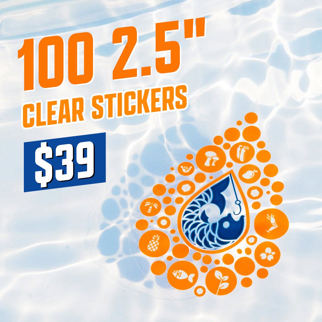 100 2.5" Clear Vinyl Stickers $39 Sticker Water Fish Pool Aqua Blue Orange Deal Decals