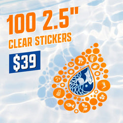 Promo graphic showing 100 2.5 inch clear stickers for 39 dollars, with bold orange and blue text. A waterproof clear custom vinyl sticker floats underwater, featuring a stylized blue nautilus inside a teardrop shape surrounded by bright orange circular icons of nature, plants, and food. Sunlit water ripples create a soft, wavy aesthetic highlighting the durability and clarity of the die cut sticker.