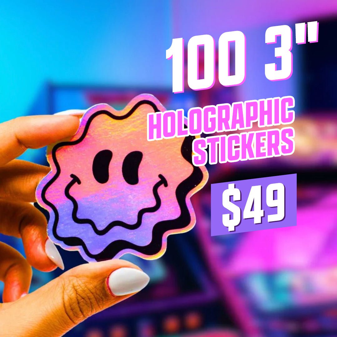 100 3" Holographic Stickers Iridescent $49 Rainbow Smiley Face Pink Violet White Hand Nails Arcade