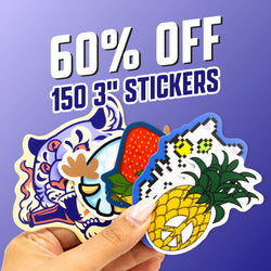 A hand fans out multiple colorful stickers against a gradient background of red, yellow, and green. Visible sticker designs include a stylized purple tiger face, a blue and yellow pineapple with a peace sign, a red strawberry, and other illustrated graphics. Promotional text reads 60 percent off 150 3 inch stickers.