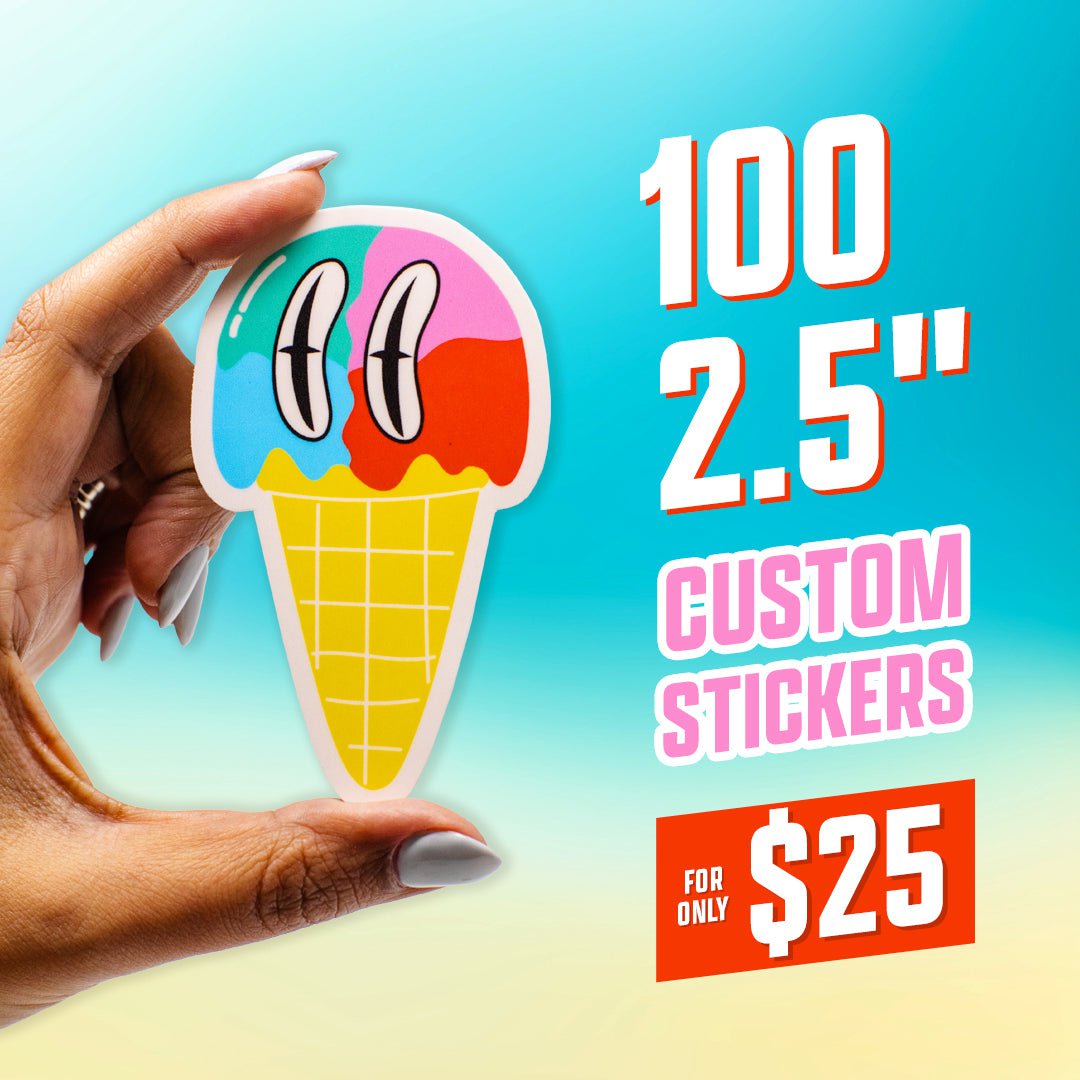 100 2.5" Custom Vinyl Stickers for $25 Ice Cream cone character blue tan gradient sky beach hand white fingernails pink red  Sticky Brand