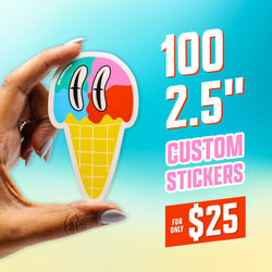 A hand holds a colorful 2.5-inch custom sticker shaped like an ice cream cone with a multicolored scoop and expressive cartoon eyes. Set against a bright teal-to-yellow gradient background, bold text highlights “100 2.5