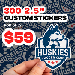 Hand holding a die-cut vinyl sticker of a sports badge logo featuring a husky head, a soccer ball, three red stars, and printed text Huskies Soccer Club. Background filled with repeating versions of the same sticker. On-image text reads 300 2.5 inch custom stickers for $59. Great for sports team stickers, mascot decals, soccer club logos, and custom branding vinyl stickers.