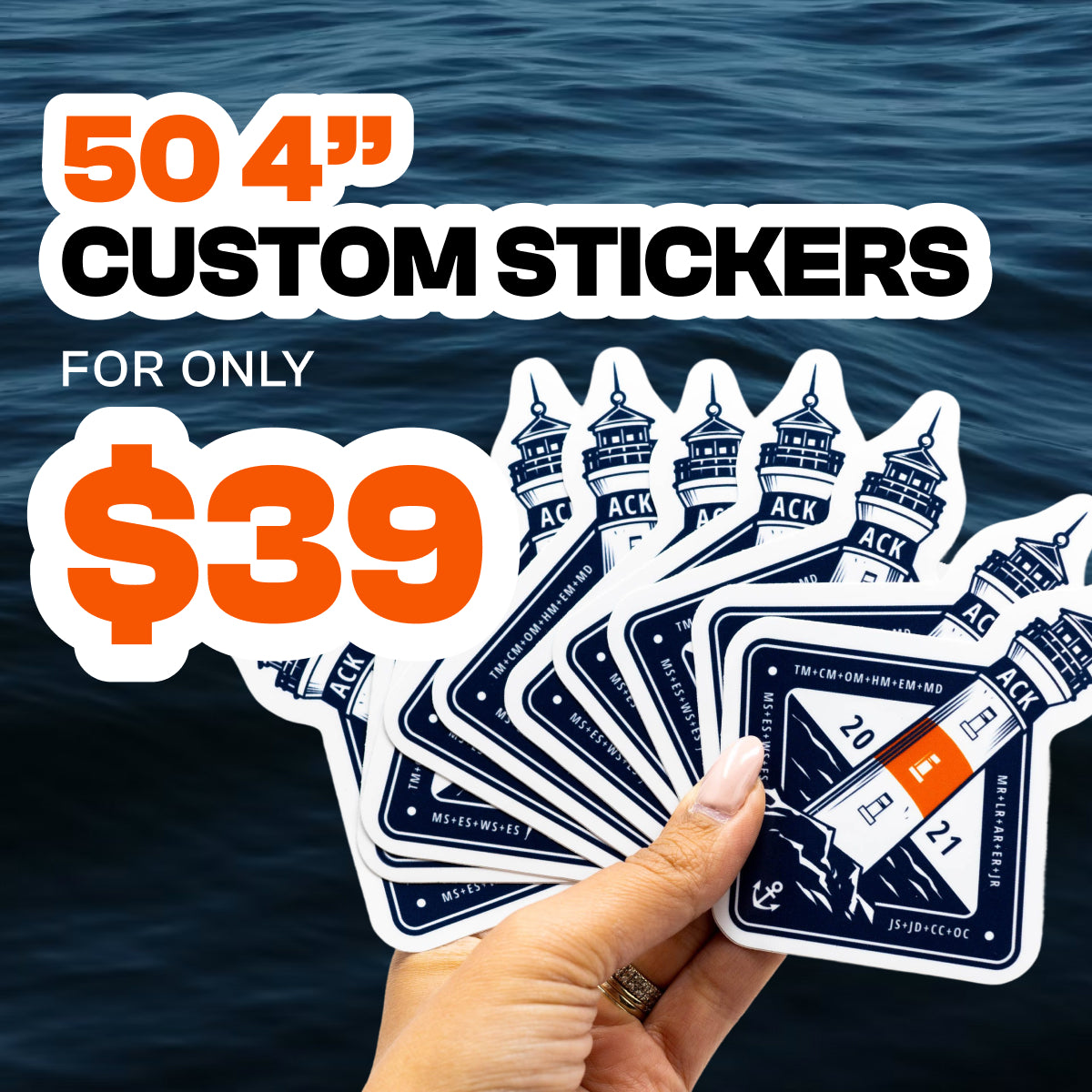 Marketing graphic featuring a hand displaying multiple lighthouse-themed custom stickers against a water background. Large text advertises 50 custom 4-inch stickers for $39. The image emphasizes larger die-cut sticker printing and bold graphic designs.