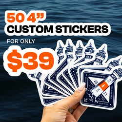 Marketing graphic featuring a hand displaying multiple lighthouse-themed custom stickers against a water background. Large text advertises 50 custom 4-inch stickers for $39. The image emphasizes larger die-cut sticker printing and bold graphic designs.