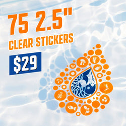 Promo image showing a clear vinyl sticker with an orange and blue droplet design placed underwater with soft light reflections visible. Text in the image reads 75 2 point 5 inch Clear Stickers for 29 dollars.