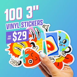 Promotional graphic for 100 three-inch custom vinyl stickers for twenty-nine dollars. A hand holds a fan of bright character stickers, including a smiling sun, a melting ice-cream face, a cartoon earth, and a red berry character. Background features a blue gradient. On-image text reads: 100 3-inch vinyl stickers for only 29 dollars.
