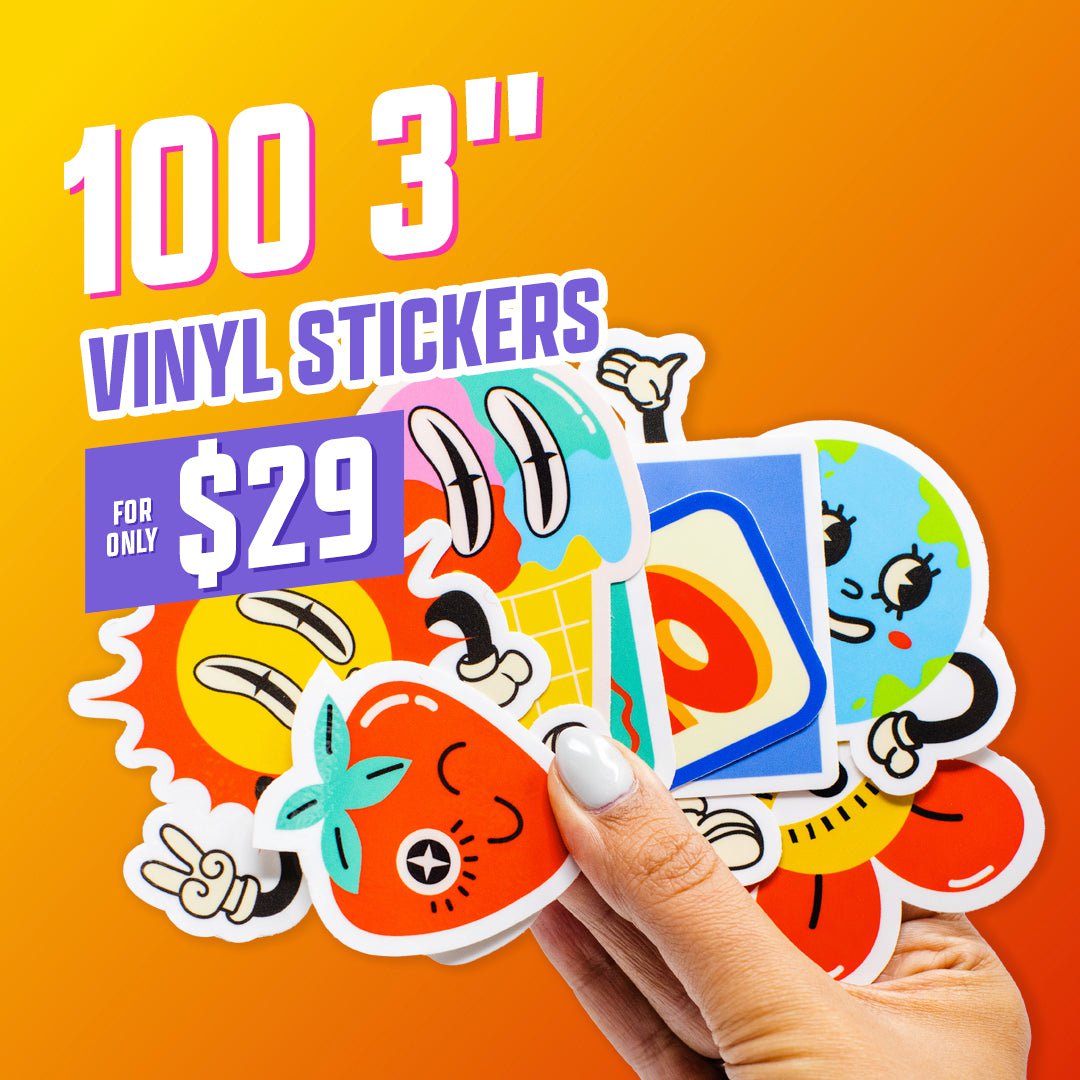 100 3" Vinyl Stickers for $29 Hand 70s Cartoon Character Images Orange Purple Strawberry Ice cream Sun Earth Flower