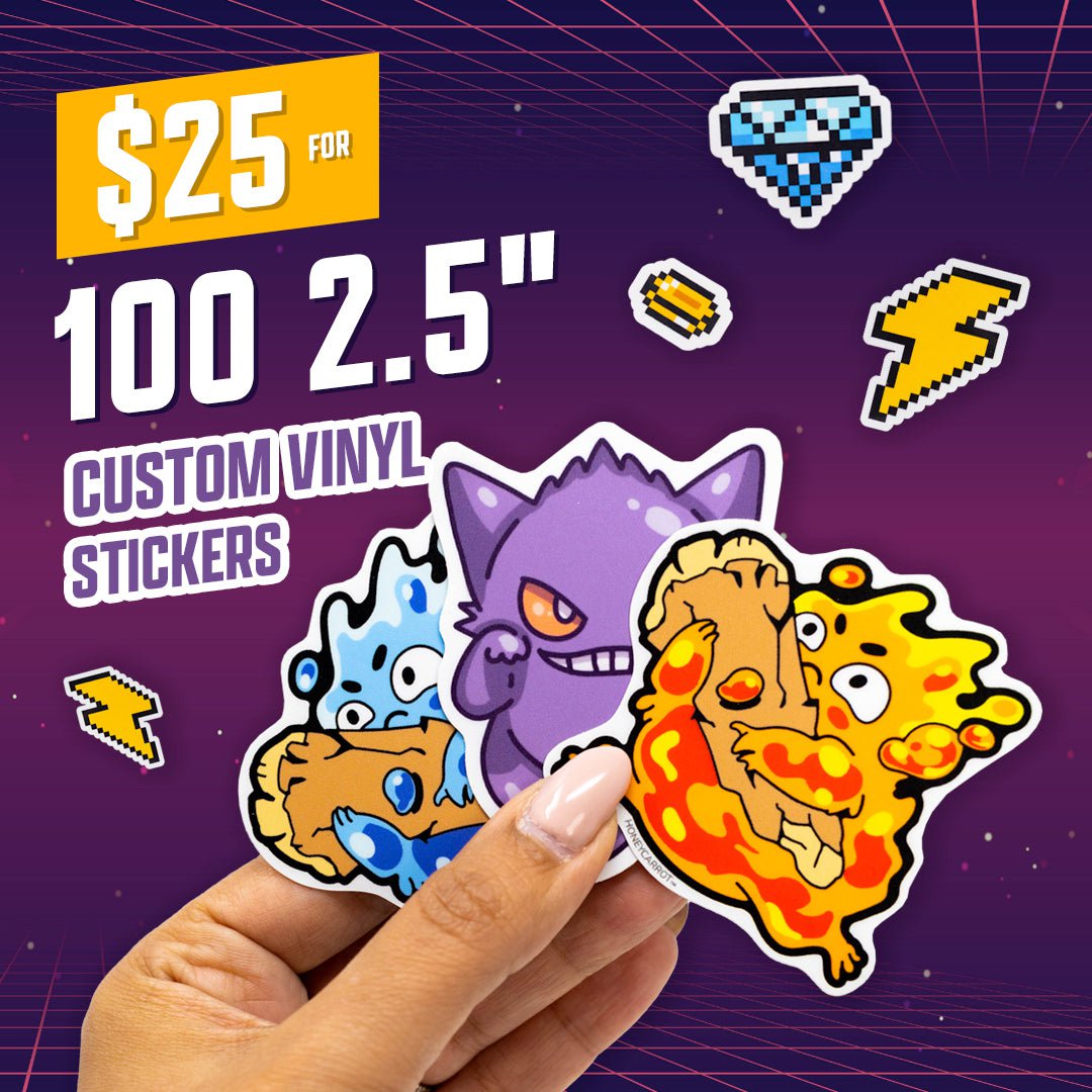 100 Custom Vinyl Stickers 2.5" for $25 Purple Gradient Tron Grid Pokemo style animated cartoon illustration sticker decals in hand lightning bolt gold coin diamond