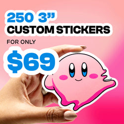 Promotional graphic advertising 250 3-inch custom stickers for only $69. A hand holds a large die-cut vinyl sticker featuring a smiling pink ghost illustration with the small artist credit 