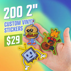 Hand holding three colorful die cut cartoon stickers: a burger character with legs and sneakers, a cat wearing overalls playing a guitar, and a retro TV robot with antennae and flexible arms. Gradient rainbow background with on-image text 200 2 inch custom vinyl stickers for $29. Keywords: cute character stickers, cartoon vinyl decals, die cut aesthetic stickers.