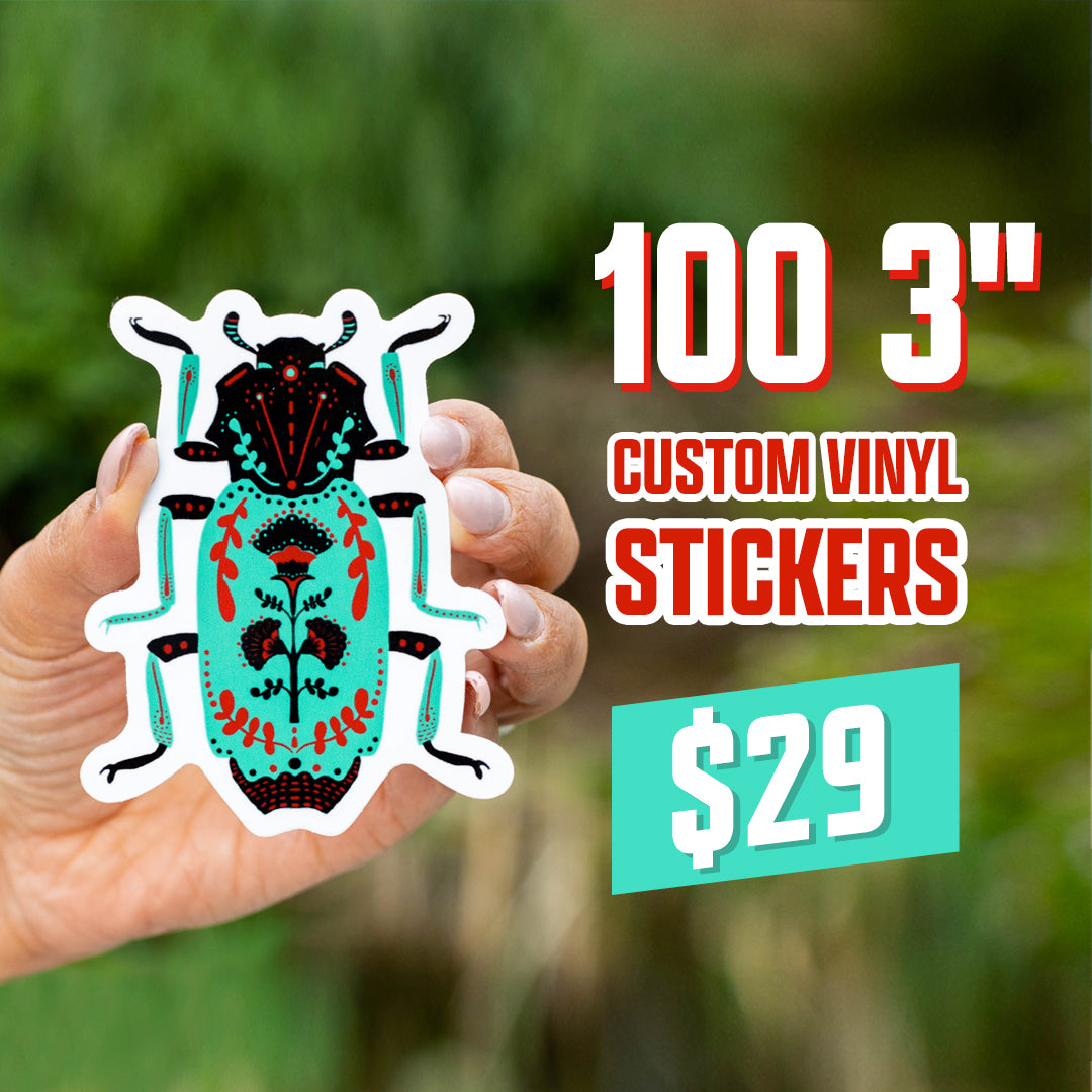 100 3" Custom Vinyl Sickers for $29 Beetle Bug Aqua Red  in Hand Nature Blurred Background