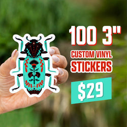 Text reads 100 3 inch custom vinyl stickers, 29 dollars. A hand holds a die cut teal and red ornamental beetle sticker with black symmetrical linework and floral folk-art patterns. Green outdoor background. Waterproof custom vinyl insect-themed decal.