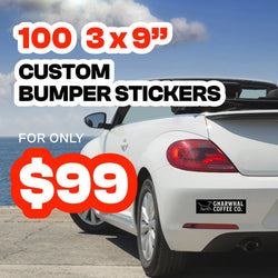 Promo graphic showing a white convertible parked near the ocean with a black GNARWHAL COFFEE CO. bumper sticker on the rear. Bold text advertises 100 custom 3 x 9 inch bumper stickers for $99. Clean coastal scene highlights durable, waterproof custom bumper decals designed for cars and outdoor use.