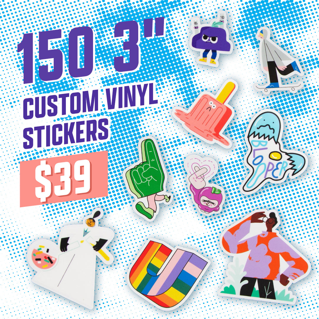 150 3" Custom Vinyl Stickers $39 Multi Sticker collage YouTube characters popsicle skateboard foam hand rainbow U beaker glasses blue sky halftone purple pink