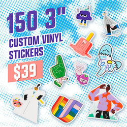 Assortment of bright die cut characters on a halftone dot background including a purple cloud creature, a skateboarding figure, a melting popsicle character, green foam finger, heart hands, rainbow U letter, artist character with palette, and abstract figures. On-image text 150 3 inch custom vinyl stickers and 39. Keywords: character sticker pack, cute vinyl decals, aesthetic stickers.