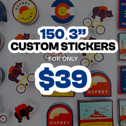 Promotional graphic for a bulk order of 150 custom 3-inch stickers, featuring a large blue '$39' text overlay on a dark-tinted background with several sample stickers of bears on bicycles and landscapes showing the 'Osprey' brand.