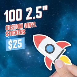 Hand holding a small 2.5-inch custom vinyl sticker shaped like a cartoon rocket, with a white body, red fins, blue window, and yellow flame. Sticker is die-cut with a bold outline, shown against a deep blue starry galaxy background. On-image text reads 100 2.5