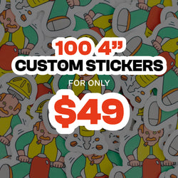 Promotional graphic for a bulk order of 100 custom 4-inch stickers, featuring a cartoon pattern of construction workers in yellow vests and hard hats over a gray background, with large red and white text overlay detailing the $49 price and quantity.
