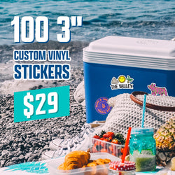 Blue beach cooler decorated with die-cut stickers including a mountain graphic, a sunshine face, and printed text The Valley, along with a pink patterned animal sticker and a round Olive and York Small Batch sticker. Set on a rocky shoreline with picnic food and drinks in the foreground. On-image promotional text reads 100 3 inch custom vinyl stickers for $29. Keywords: outdoor stickers, beach cooler decals, travel vinyl stickers.