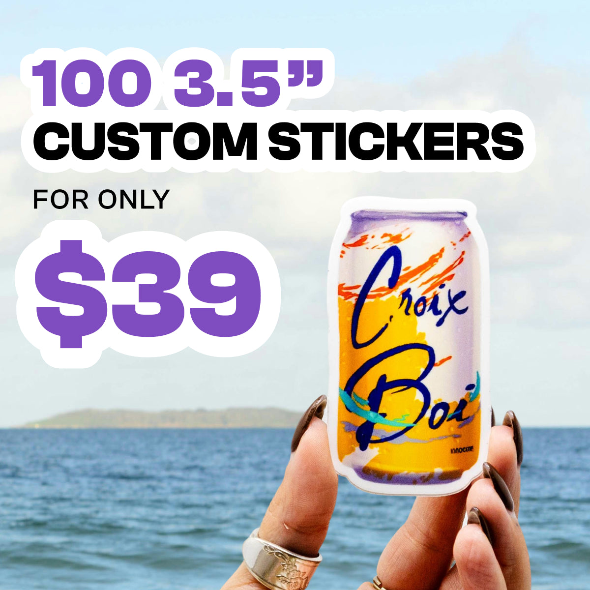 Promotional graphic for custom 3.5-inch stickers, showing a hand holding a can-shaped sticker with the words 'Croix Boi' over a beach background.