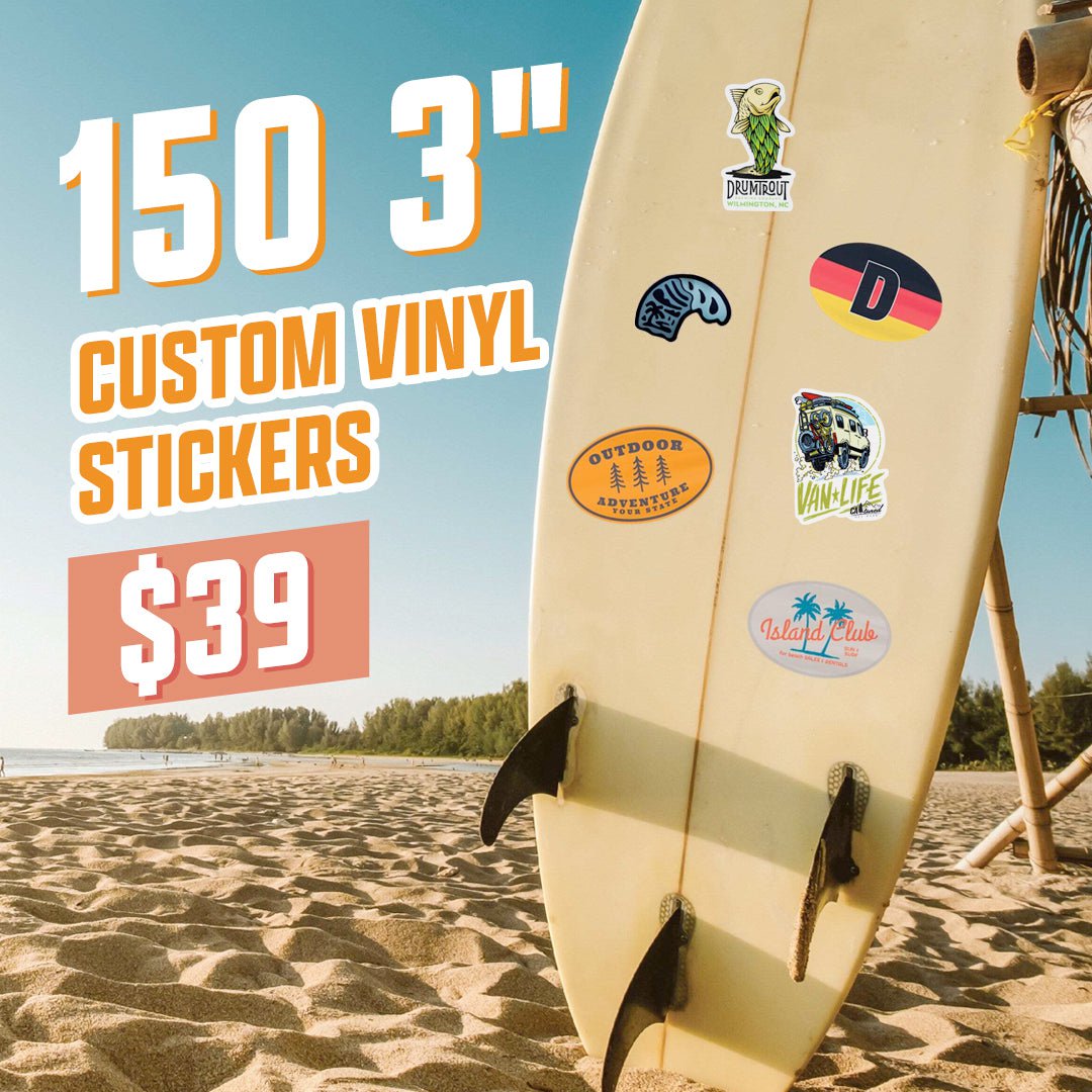 150 3" Custom Vinyl Stickers $39 On surfboard wave sticker fish van life Denmark Island Club Outdoor Adventure Ocean Sand Blue Sky