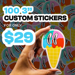 A hand holds a die-cut sticker shaped like a colorful ice cream cone with cartoon eyes, set against a patterned background of similar stickers. Large promotional text reads '100 3 inch CUSTOM STICKERS FOR ONLY $29'.