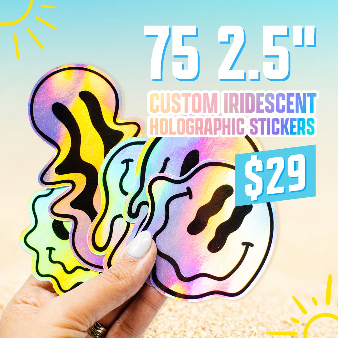 Smiling Faces Iridescent holographic sticker in hand 75 2.5" for $29 Beach sun sand blue sky rainbow black and white 