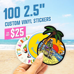 Text reads 100 2.5 inch custom vinyl stickers, for only 25 dollars. A hand holds three stickers: a skeleton relaxing under a palm tree at sunset, a round yellow smiley lightning sticker, and an It's Already Been A Pleasure fruit character. Beach setting in the background. Custom vinyl waterproof decals in mixed retro and cartoon styles.