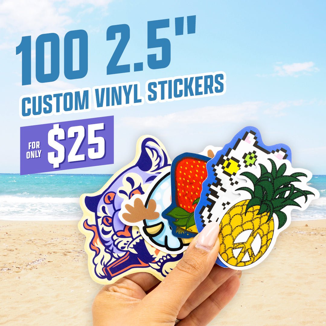 100 2.5" Custom Vinyl Stickers for $25 hand holding pinneapple peace sign sticker cat anime sticker strawberry sticker and tiger on beach ocean in the background